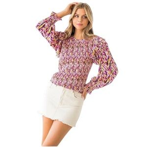 THML Smocked Colorful Print Balloon Sleeve Blouse Size Small